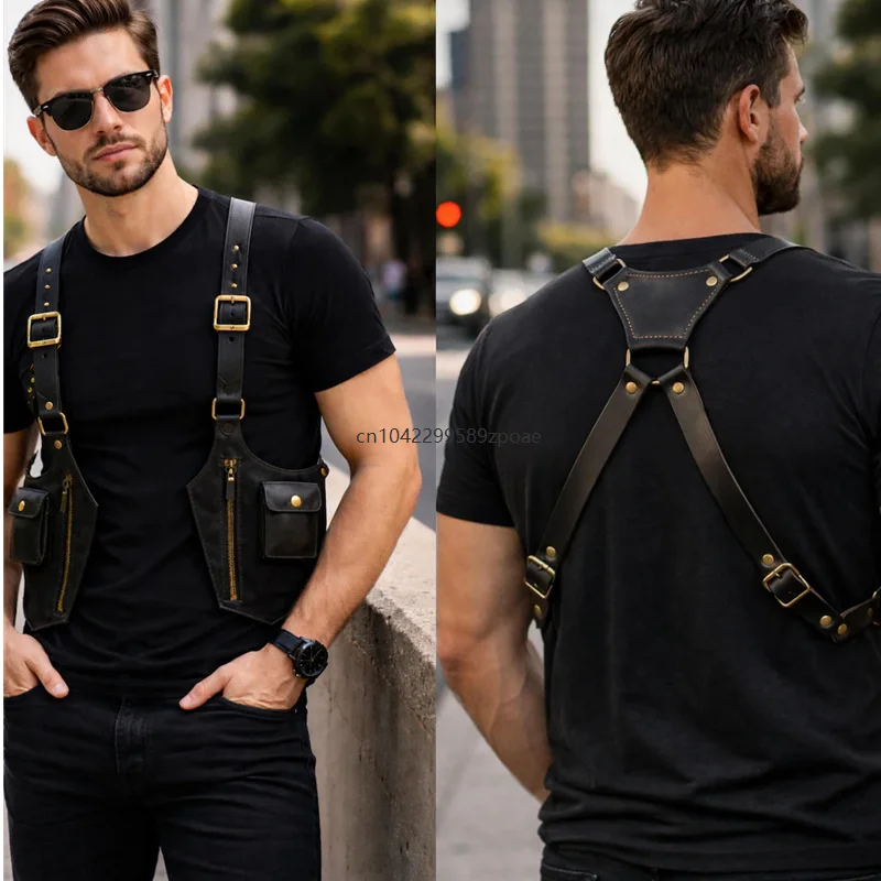 Adjustable Strap Double Shoulder Bag Steampunk Underarm Straps Wallet Pocket Gothic Phone Outdoor Leather Armpit Chest Pouch