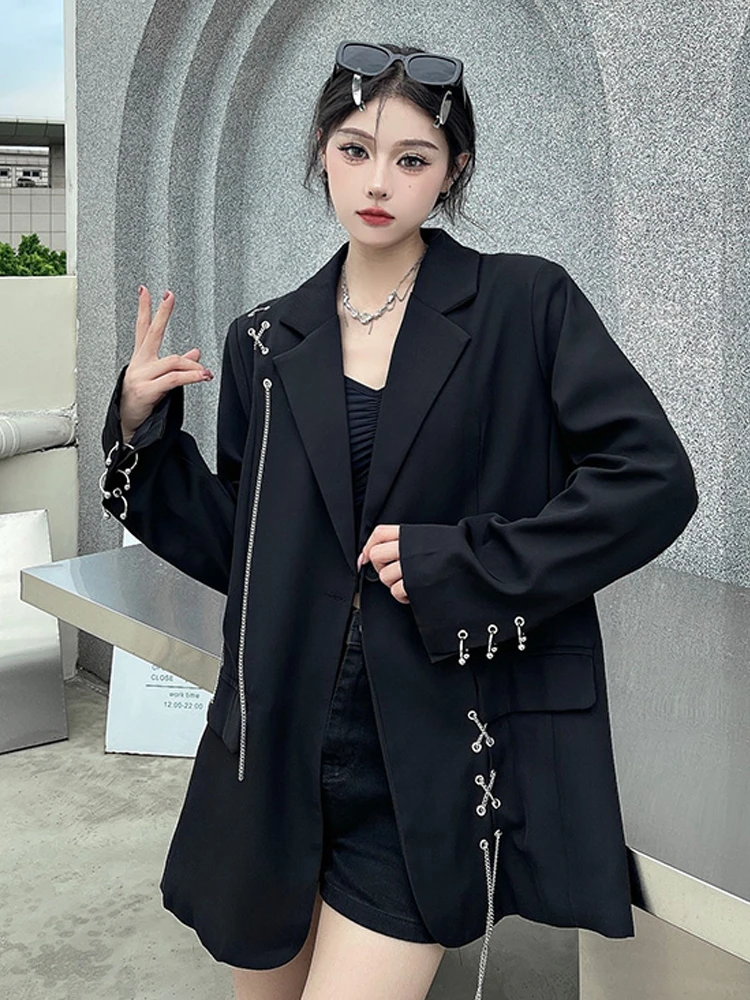 SONNEESD Streetwear Harajuku Style Fashion Neutral Personality Chain Design Coat Vintage Loose Black Stereo Cutting Suit Coat