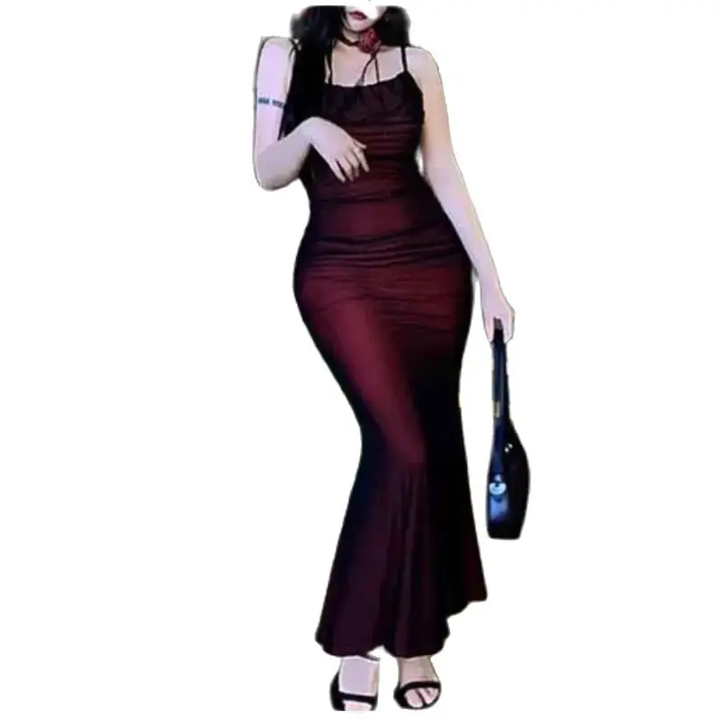 Sexy Luxury Woman Evening Dress Red Mesh Gothic Elegant Party Bodycon Dresses Maxi Dress Chic Female Night Club Outfits