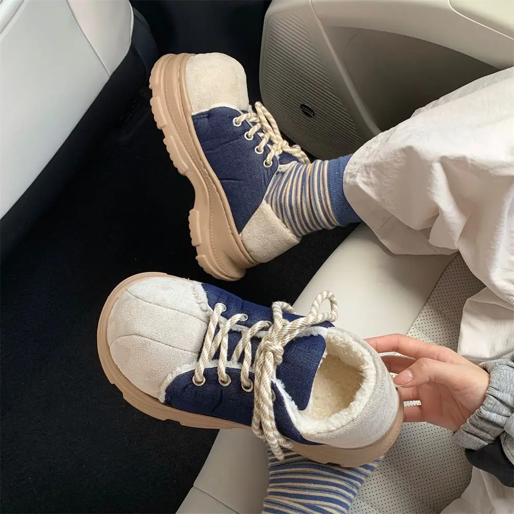Warm Versatile Fleece-Lined Cotton Shoes Women Students Outdoor Slip-Resistant Thick-Sole Color-Block Lace-Up Sneakers Soft