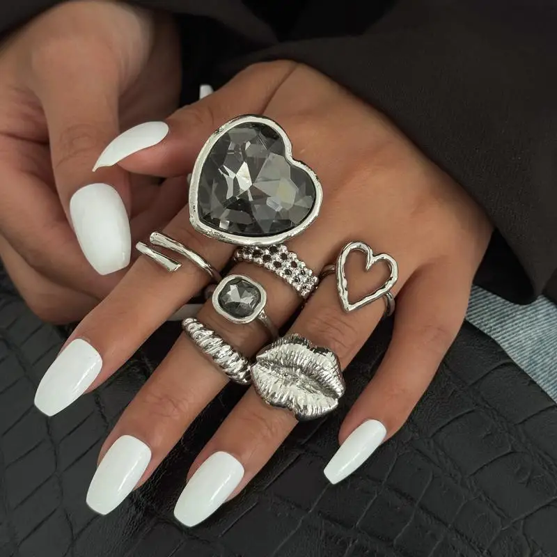 7 قطعة/المجموعة الفاخرة مزاجه هندسية المعادن مربع القلب الاكريليك الماس افتتاح خواتم للنساء الأزياء والمجوهرات والاكسسوارات #4