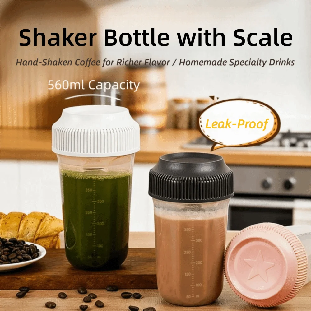 Microwave Safe Plastic Shaker Bottle with Scale 560ML Tumbler Leakproof Coffee Mixing Bottle Coffee