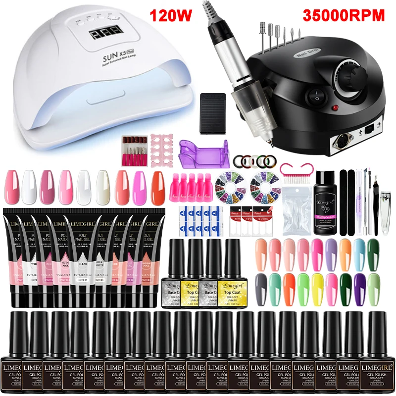 

Manicure Set Poly Nail Gel Kit with Nail Lamp Semi Permanent Varnish Acrylic Extension Gel Nail Polish Kit Electric Nail Drill