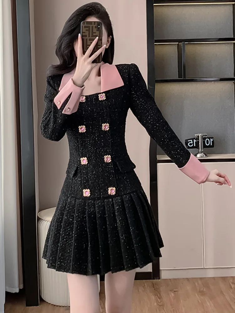 High Quality French Vintage Small Fragrant Tweed Dress For Women Autumn Winter High Waist Slim Pleated Short Dresses Vestidos