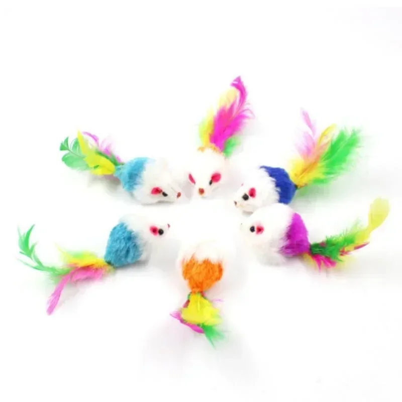 5Pcs Cat Toy Colorful Feather Funny Mouse Shape Toy Cat Kitten Interactive Toys Pet Supplies Random Color