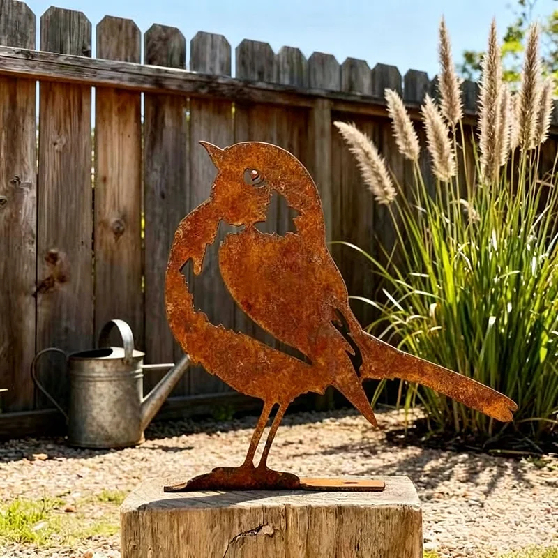 Rusty Metal Bird Sculpture Garden Decor Outdoor Rustic Iron Robin Art Ornament Yard Fence Lawn Decorative Statue