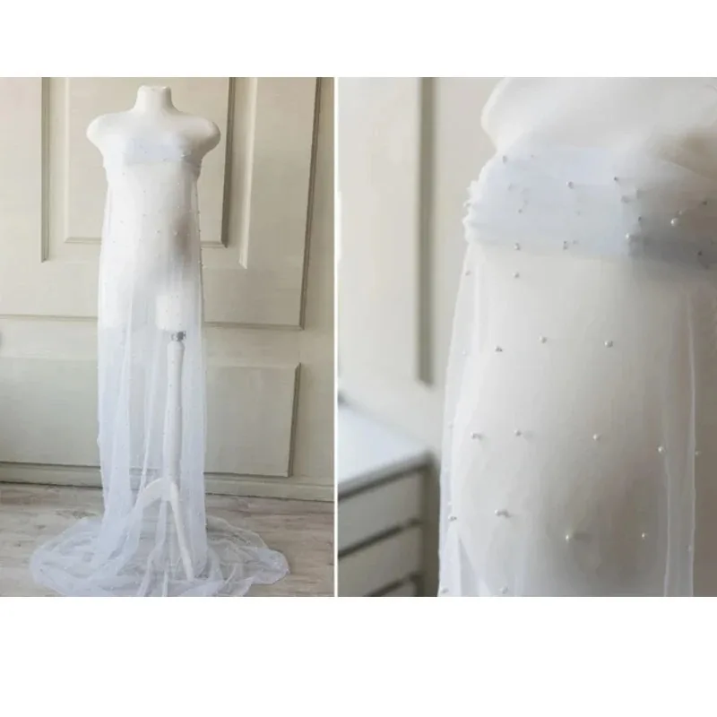 진주 장식 튤 임산부 사진 촬영 베일, 시어 베이비 샤워 백드롭 및 토싱 스카프, 임신 사진 촬영 드레스 베베