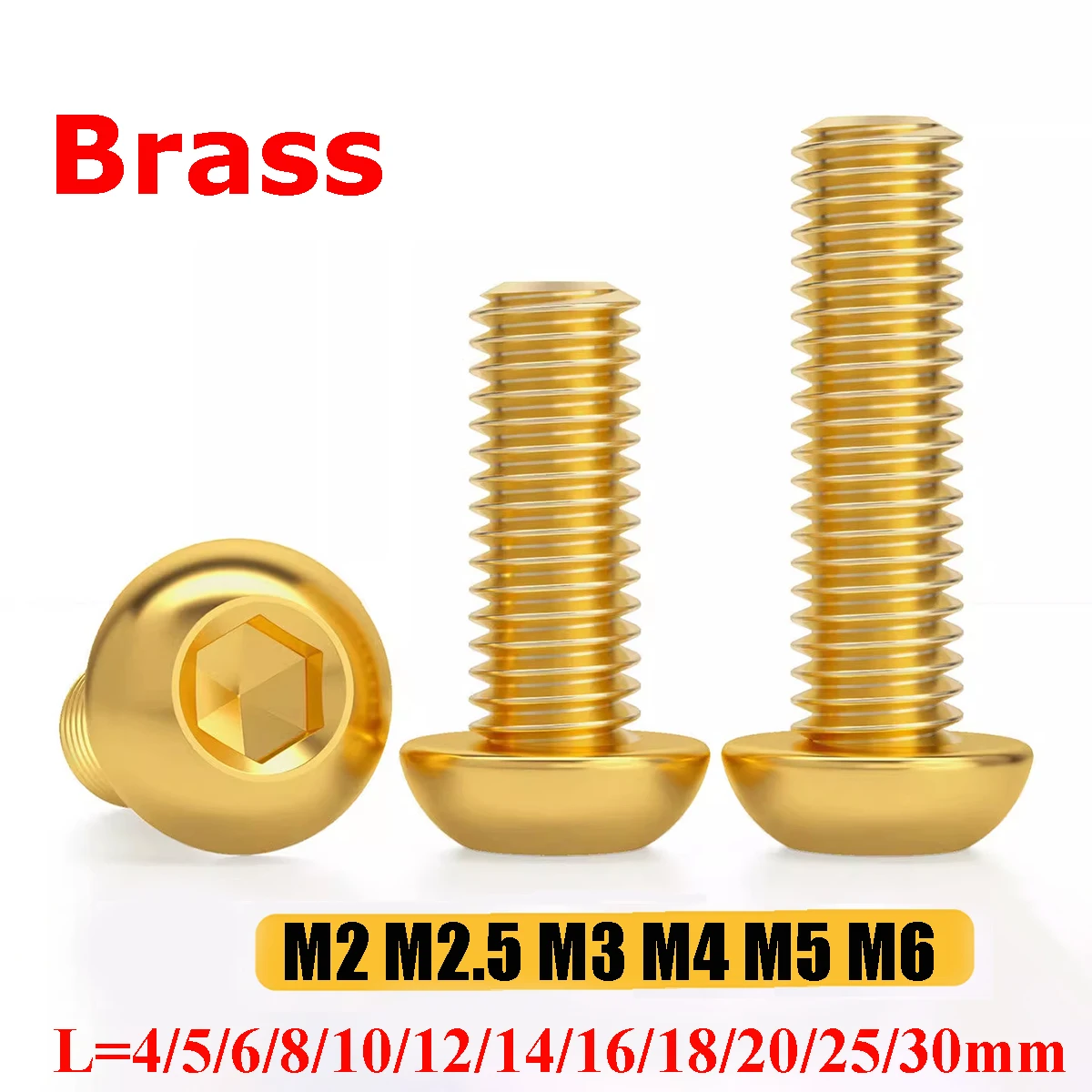 M2 M2.5 M3 M4 M5 M6 Brass ISO7380 Allen Bolts Hexagon Hex Socket Button Round Head Screw L=4/5/6/8/10/12/14/16/18/20/25/30mm