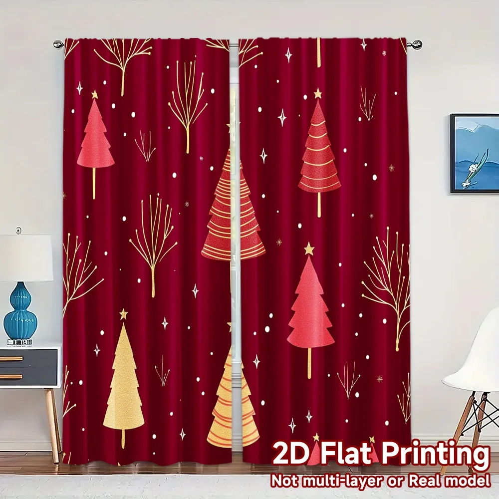 2pcs,Curtains Christmas trees golden red_a Modern Window Curtain Versatile Fabric Curtains Outdoor Decorations Suitable for