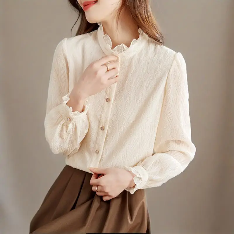 

Women's Elegant Stand Collar Shirt with Ruffles Long Sleeves Single Breasted Fashion Women Blouses 2025 Office Lady Work Tops