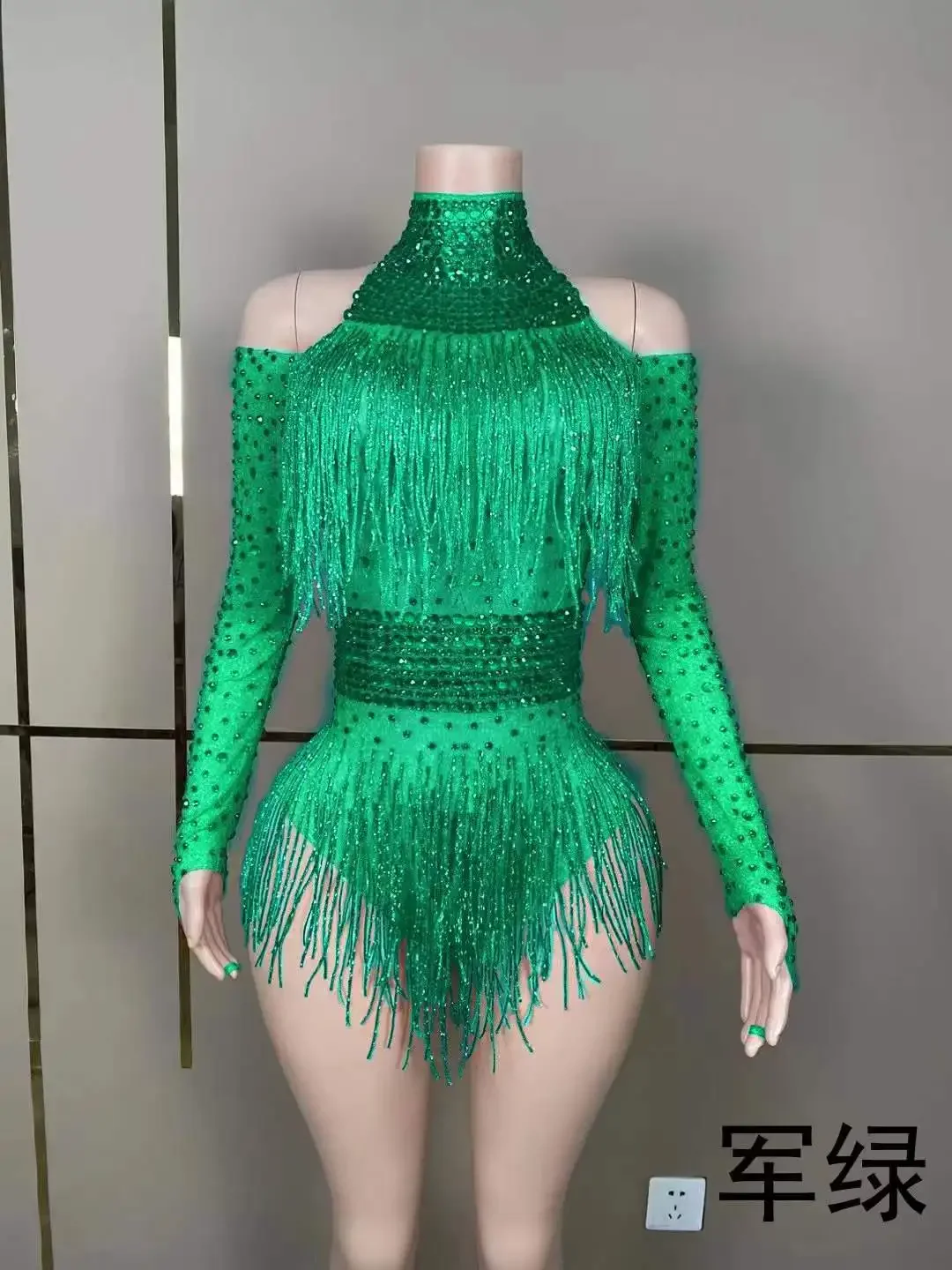 Sexy Women Fringe Rhinestone Stunning Bodysuits Long Sleeve Shinning Body Suits Latin Jazz Dance Drag Queen Costume Photography
