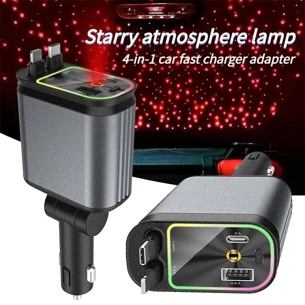 Star Light Car Interior 4-in-1 Retractable Quick-charge Cigarette Charger Auto 180 Degrees Adjustable Rotation 100W Dual Type-C