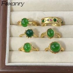Foxanry Gold Color Green Jade Rings For Women Girls Vintage Trendy Ethnic Exquisite Personality Elegant Anniversary Jewelry Gift