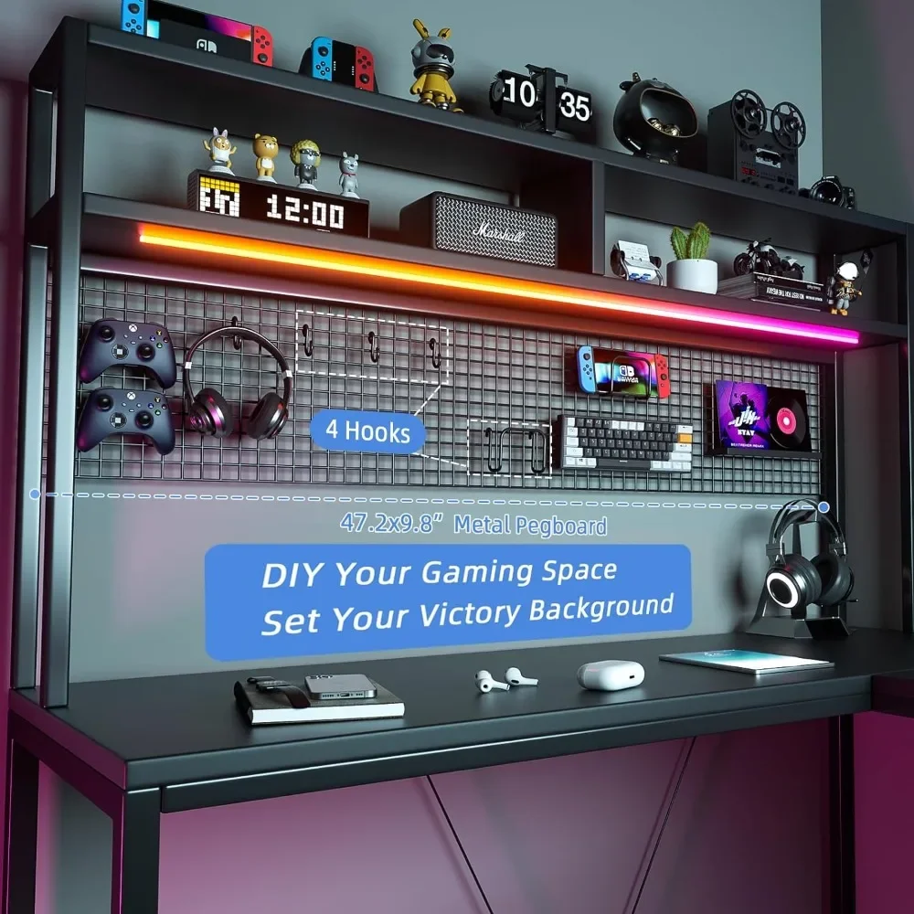 L Shaped Desk with Hutch and Pegboard - 67" L Shaped Gaming Desk with LED Lights,Corner Computer Desk with Storage Shelves,Black