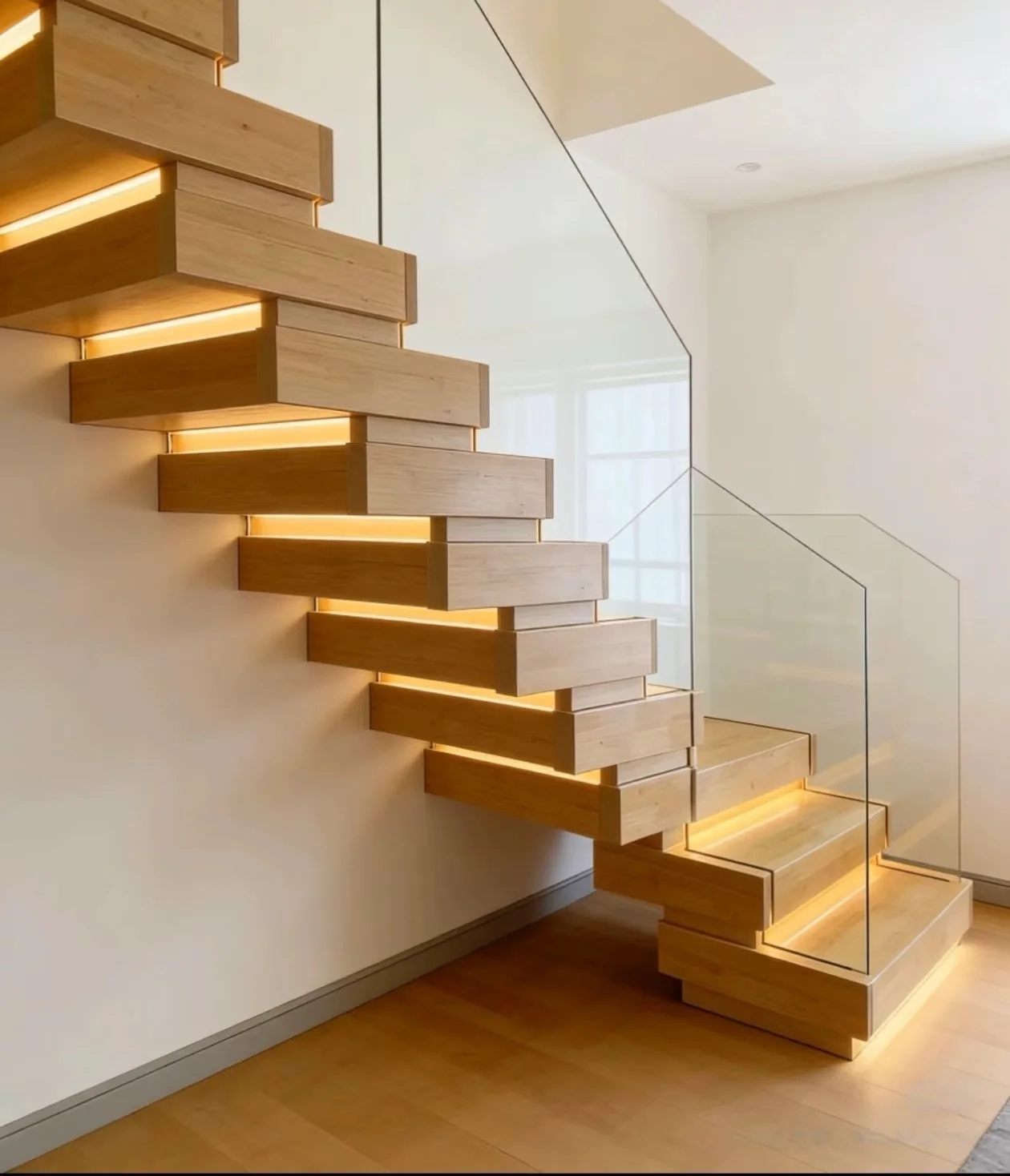 Solid Wood Stackable Staircase Step Lights Natural Oak Finish Recessed LED Glass Railing Customizable Indoor Villa Modern Homes view 3