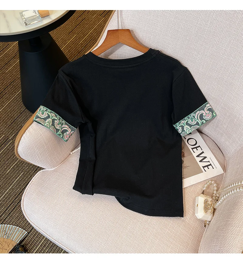 Chinese Style bow Embroidery Cotton Women T-Shirts Casual Breathable Soft Short Sleeve Tops Loose Comfortable Street Clothes