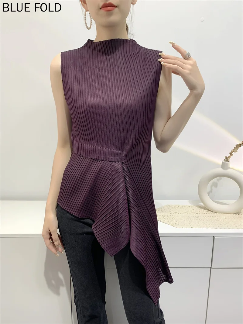 MIYAKE-Women's Half Turtleneck Irregular T-shirt, Mid-length, I-Shaped Pleats, New Style, Elegant Commuting, Summer Style