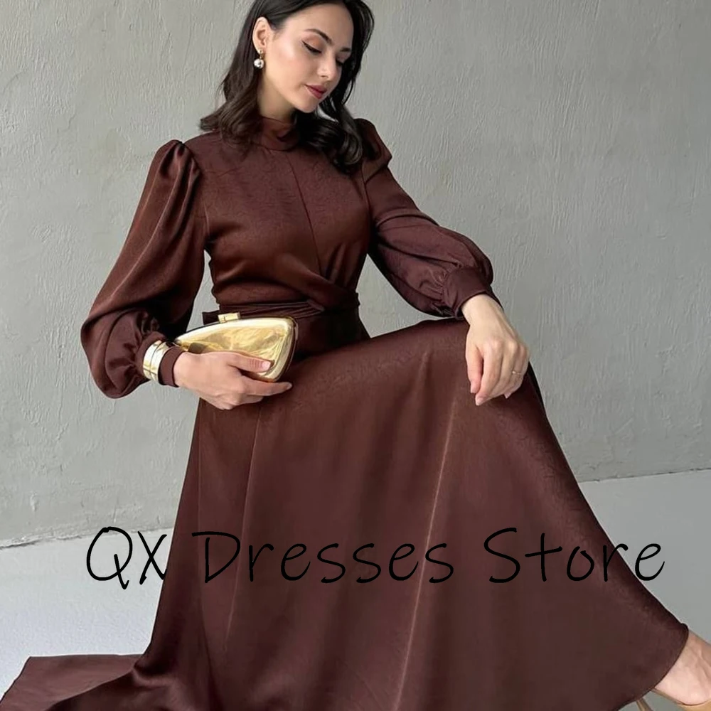 사용자 정의 높은 넥 라인 새틴 이브닝 드레스 풀 슬리브 보우 지퍼 파티 드레스 플리츠 a 라인 바닥 길이 댄스 파티 드레스