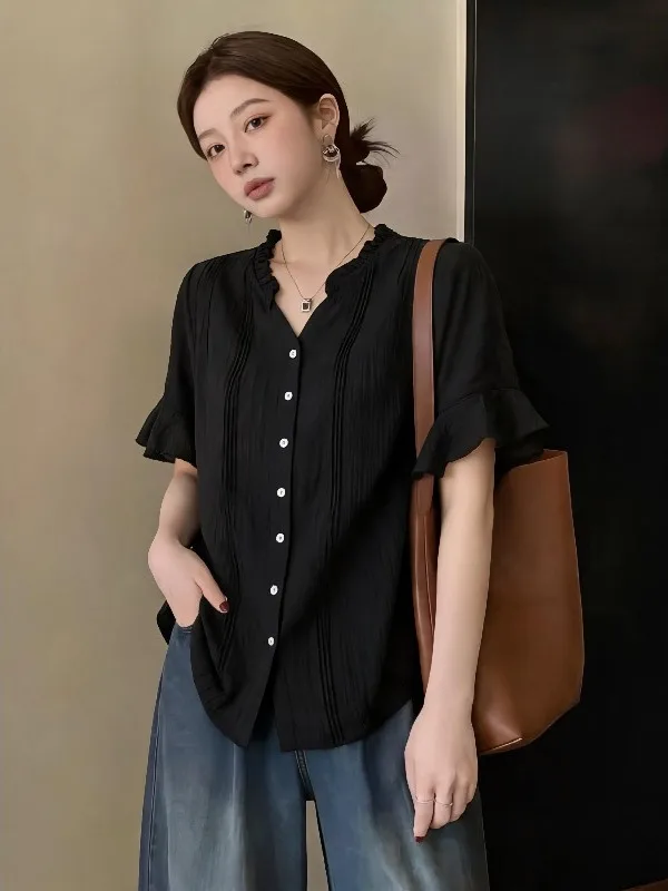 

Elegant Black V-Neck Short Sleeve Shirt Women's plus Size Summer New Style Korean Version Loose Fit Commute Wind Top