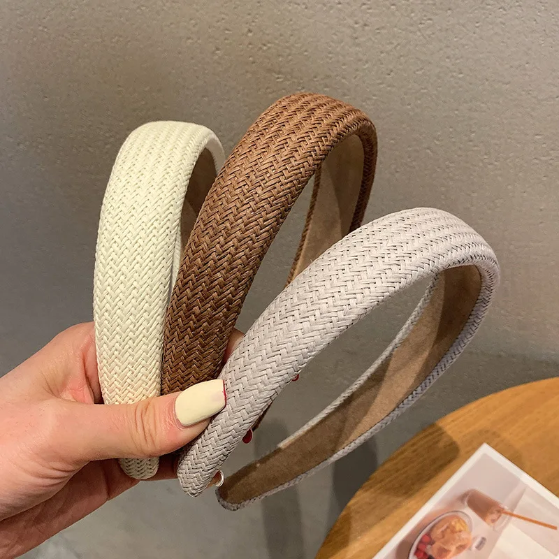 Fashion Raffia Braided Headbands for Women Girls Solid Wide Straw Sponge Hairbands Bezel Hair Hoops Headwear Hair Accessories