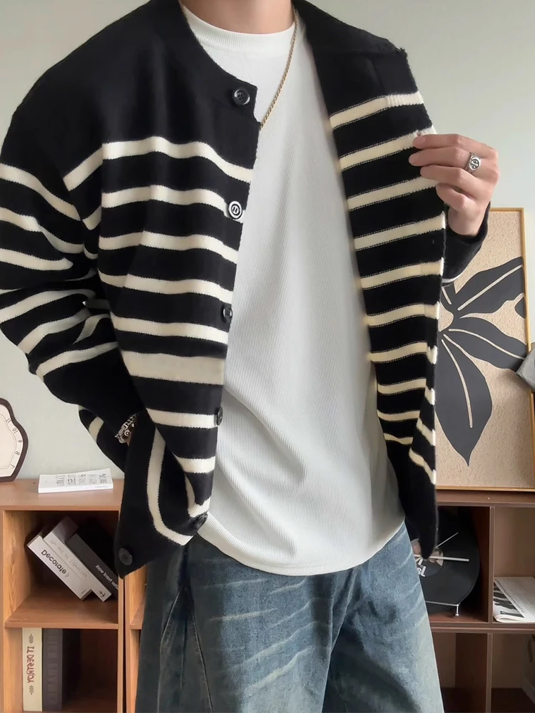 

Мужской вязаный ор-кардиган, свитер в белые полоски, повседневный удобный осенний топ из полиэфирного волокна, ленивый сле