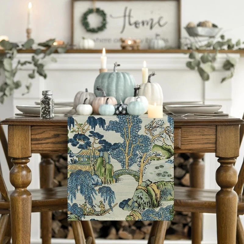 VIKAMA Oriental Chinese Landscape Tree Bridge Print Table Runner, Washable Table Scarf Vintage Asian Scenery Dining Table Decor
