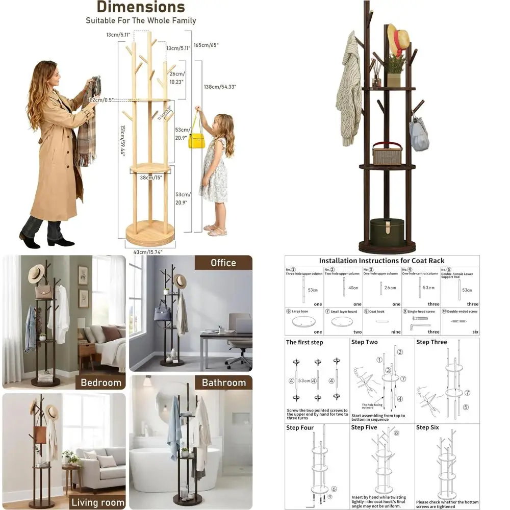 

Rotating Wooden Coat Rack with Hooks and Shelves, Space-Saving Organizer for Entryways and Bedrooms
