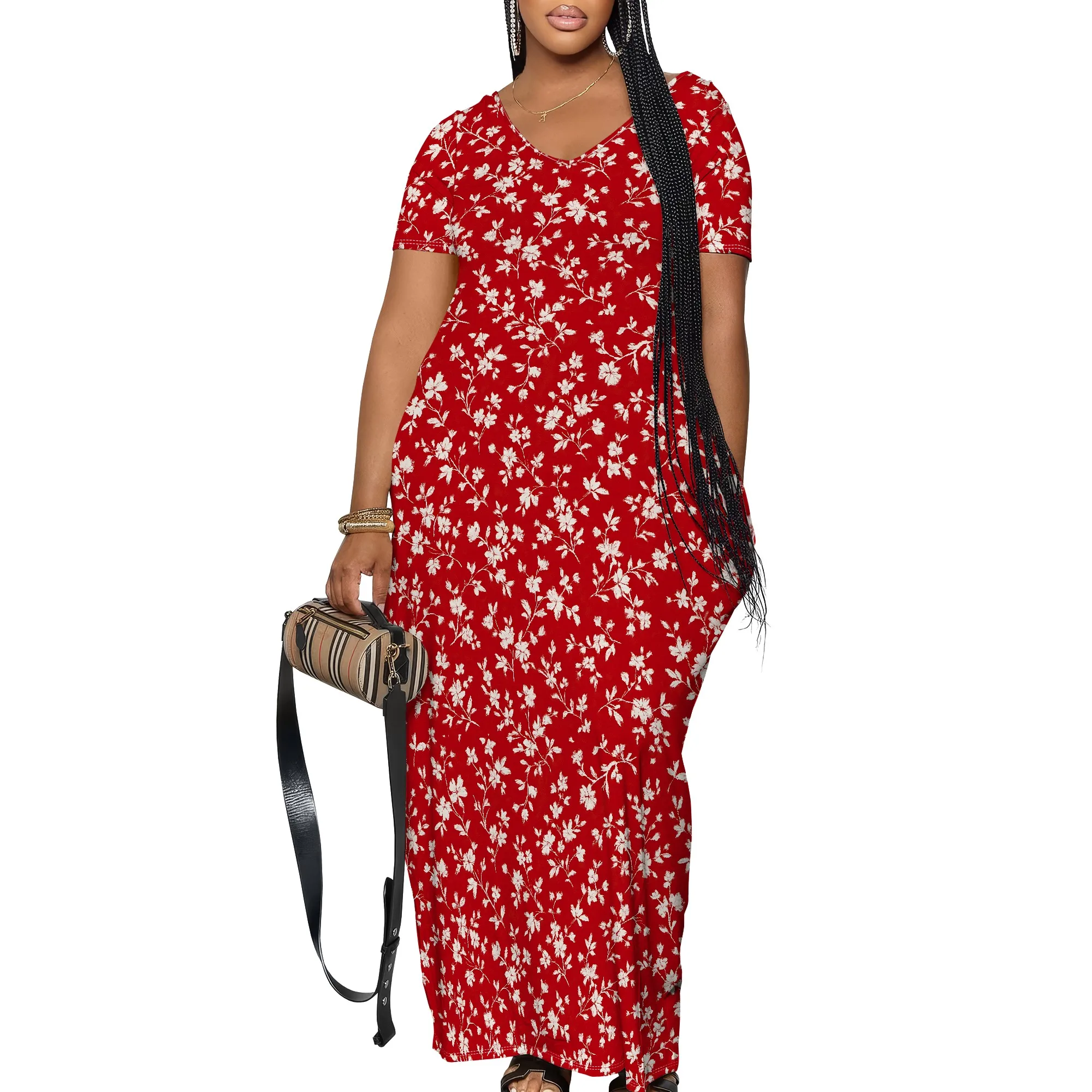 สตรี Sundress ฤดูร้อนดอกไม้แขนสั้น V คอ A-Line