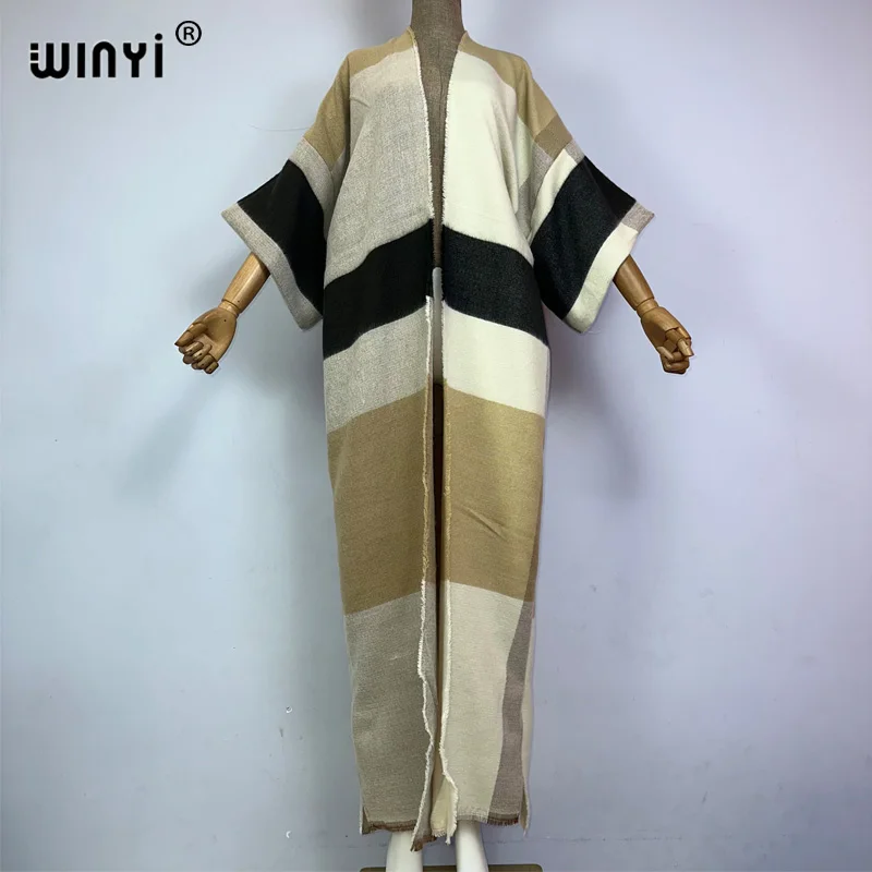 WINYI elegant Winter Plaid print cloak Women High Quality poncho tassels Luxury Loose OverCoat Thick Warm Female maxi coat top