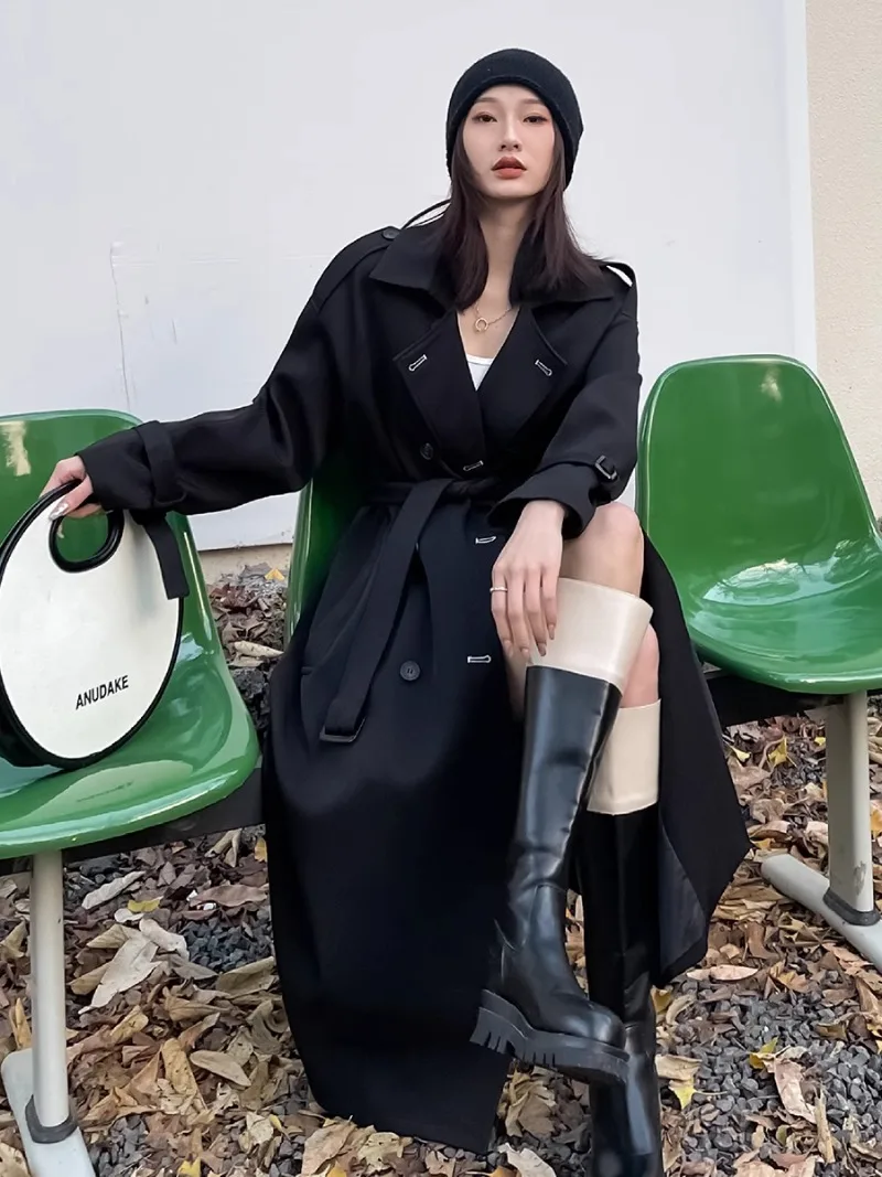 

MiiiiX England Style Classic Black Double-breasted Trench Coat Women's Windbreaker 2024 Autumn New Mid-length Jacket Outerwear