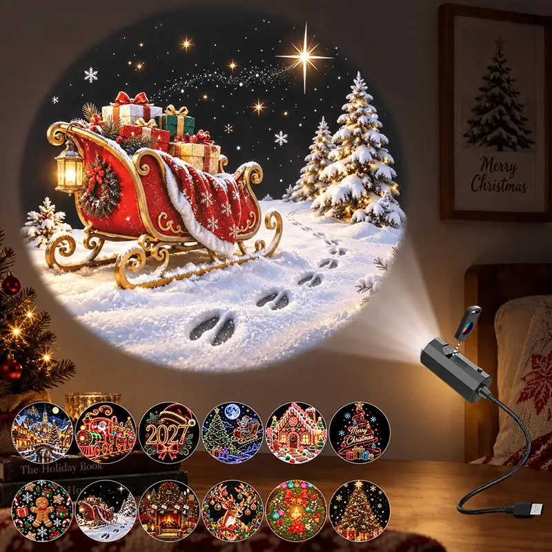 LED USB Projector Light 12Pcs Projection Patterns- Adjustable Santa Claus Snowman Tree Night Light for Christmas Decorations