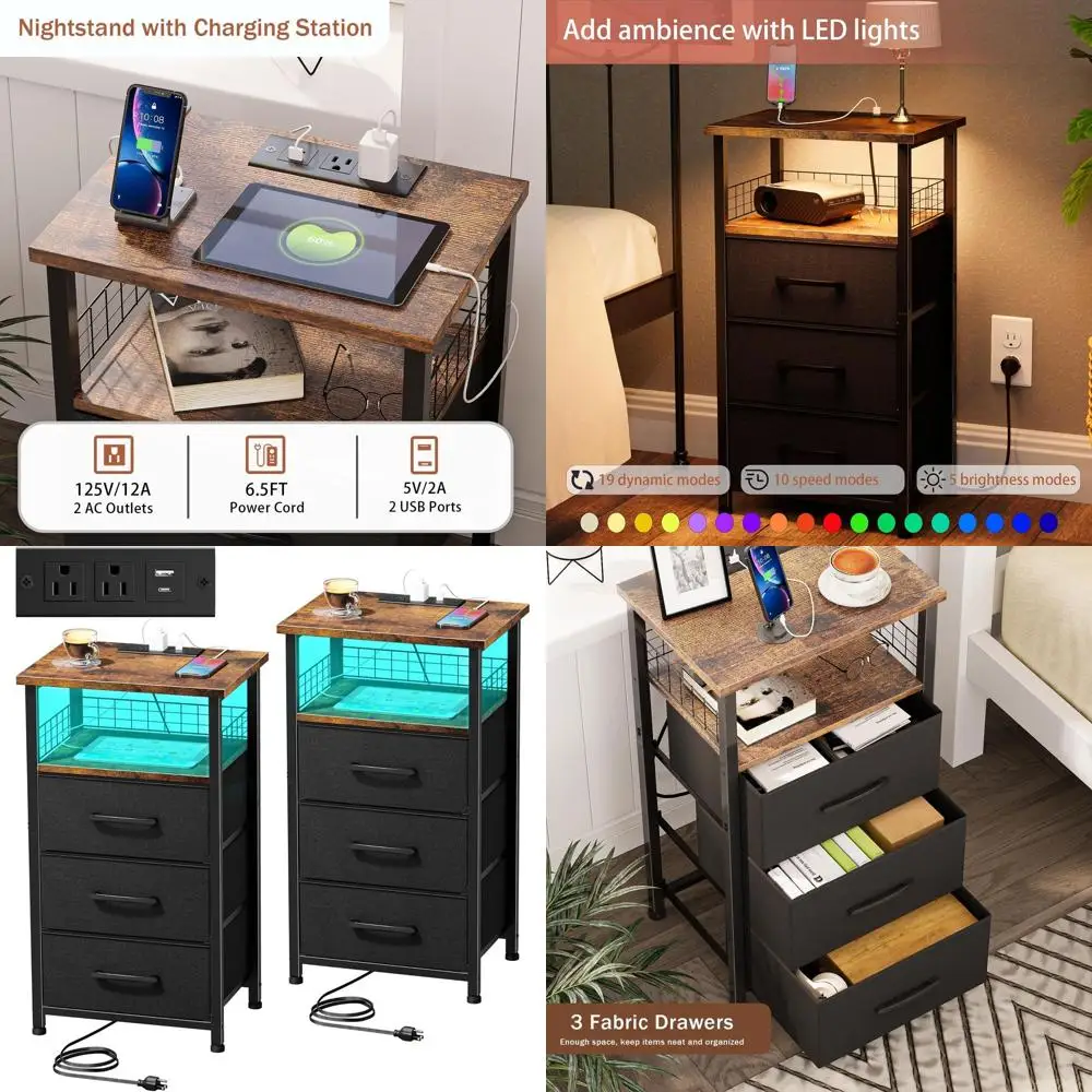 

Rustic Brown Nightstand Set with Charging Station, LED Lighted End Tables, 3 Fabric Drawers, and USB Ports for Bedroom