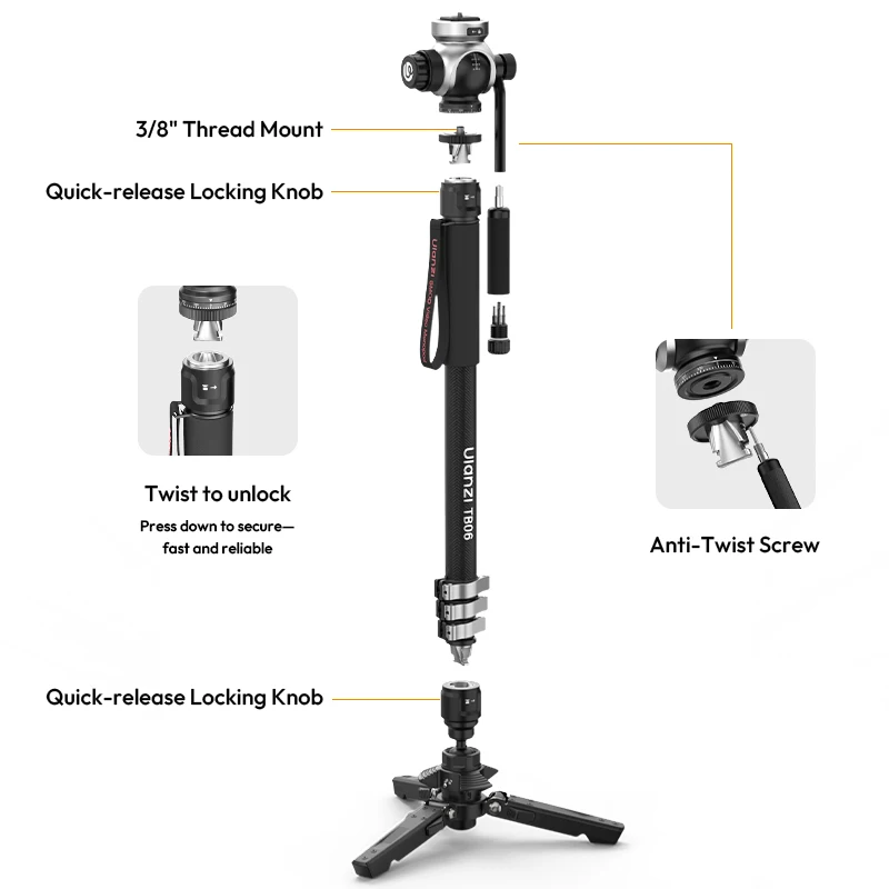 Ulanzi TB06 Carbon Fiber Monopod with Uka Quick Release Plate 360° Panoramic Ballhead Portable Photography Tripod for Camera