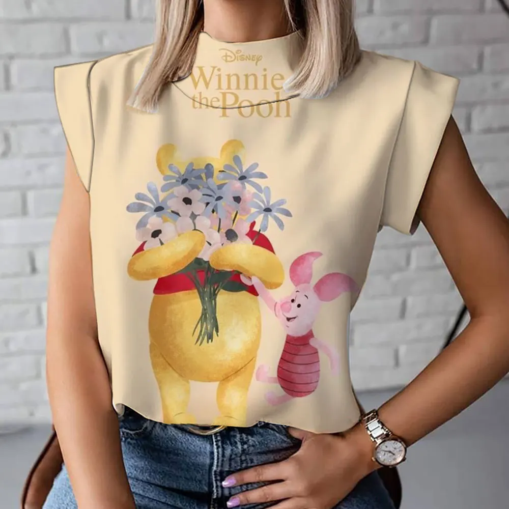 New Harajuku bottoming shirt casual and versatile cute Winnie the Pooh cartoon print summer women\'s high collar T-shirt vest