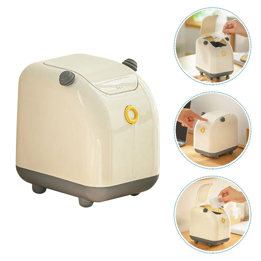 

Trash Bin Desktop Can Countertop Tabletop Garbage Container with Lid Modern White Office