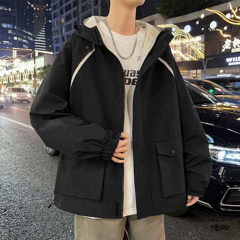 2025 New Spring Jacket Men Korean Fashion Unisex Hooded Windbreaker Multi-Pockets Casual Jackets Oversized Coat Plus Size 8XL
