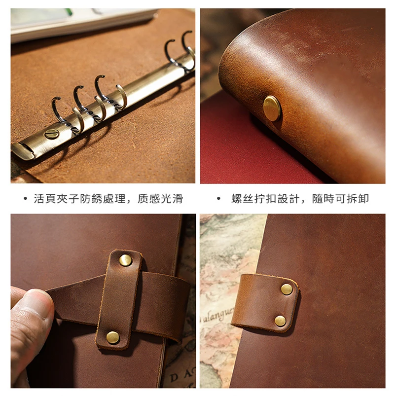 High Quality Rustic Genuine Leather Rings Notebook A7 Spiral Diary Brass Binder Journal Sketchbook Agenda Planner Stationery