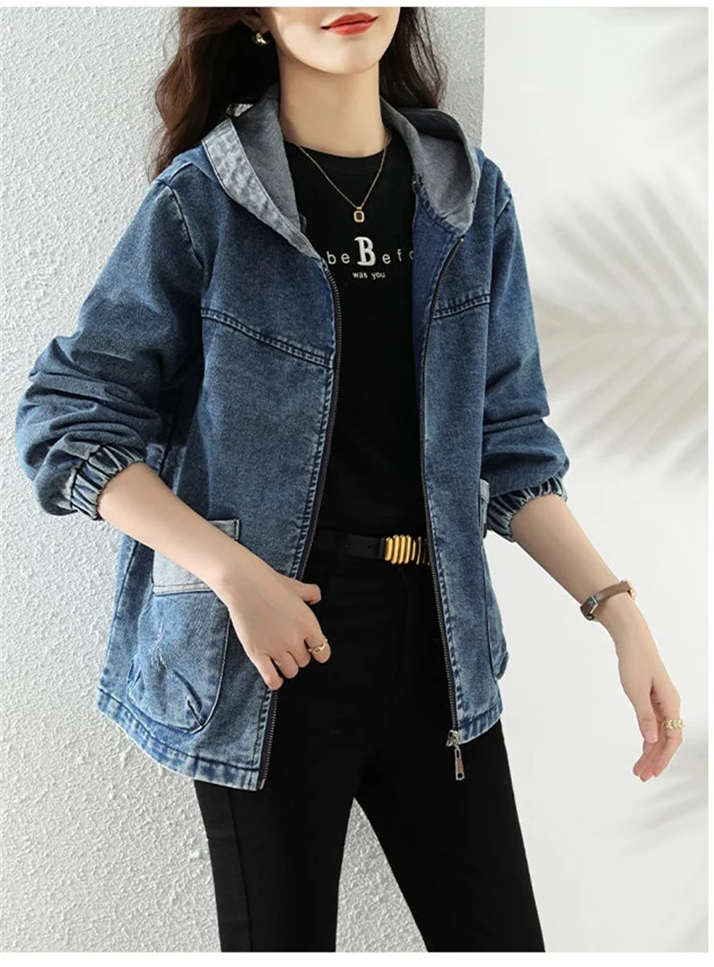 Women Denim Jacket New Spring Autumn Long Sleeve Tops Female Casual Hooded Jeans Jackets Women Big pocket Cowgirl Outerwear