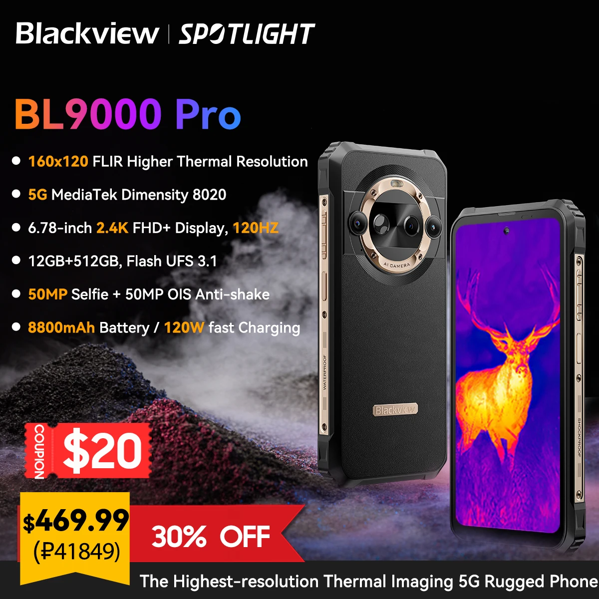 [เวิลด์พรีเมียร์] blackview BL9000 Pro สมาร์ทโฟน5G ที่ทนทาน6.78 ''FHD 12GB กล้องถ่ายภาพอินฟราเรด512GB FLIR 8800MAH Android 14