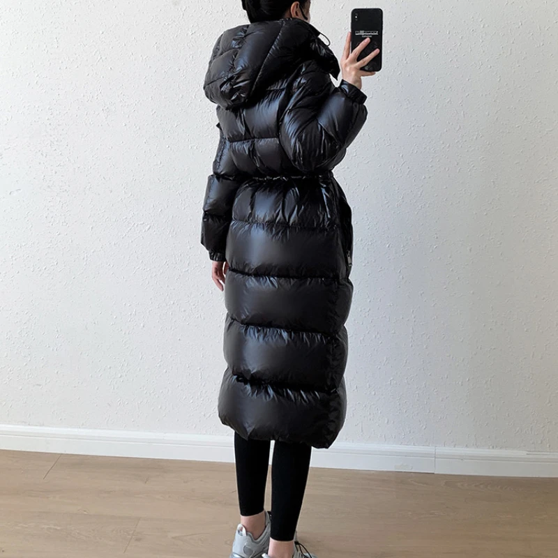 Women\'s Winter Jacket Long Coats Down Glossy Casual Slim Waist Down Jackets Thickened Windproof Hooded Snow Female Puffer Coats