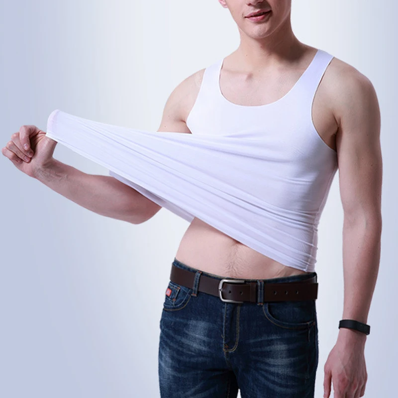 1PC Elastic Bouncy Top Slim Tight Undershirt Men's Seamless Ice Silk Tank Casual Fashion Solid