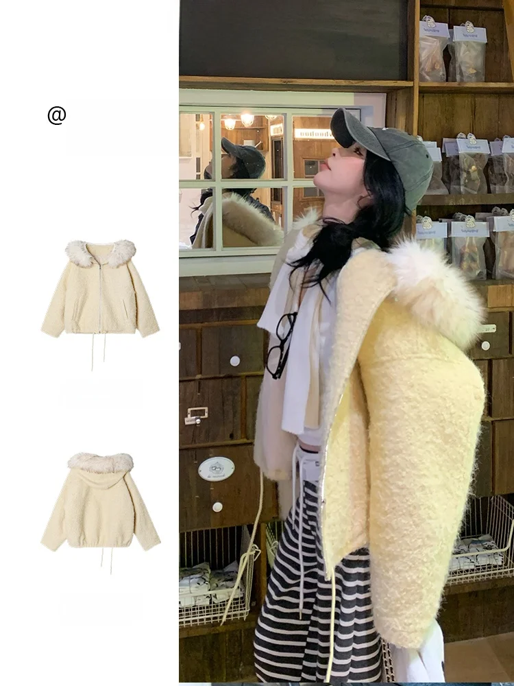

Detachable Fur Collar Oversized Woolen Coat for Women Casual Sle Thiened Polyester Long Sve Regular Length Outerwear
