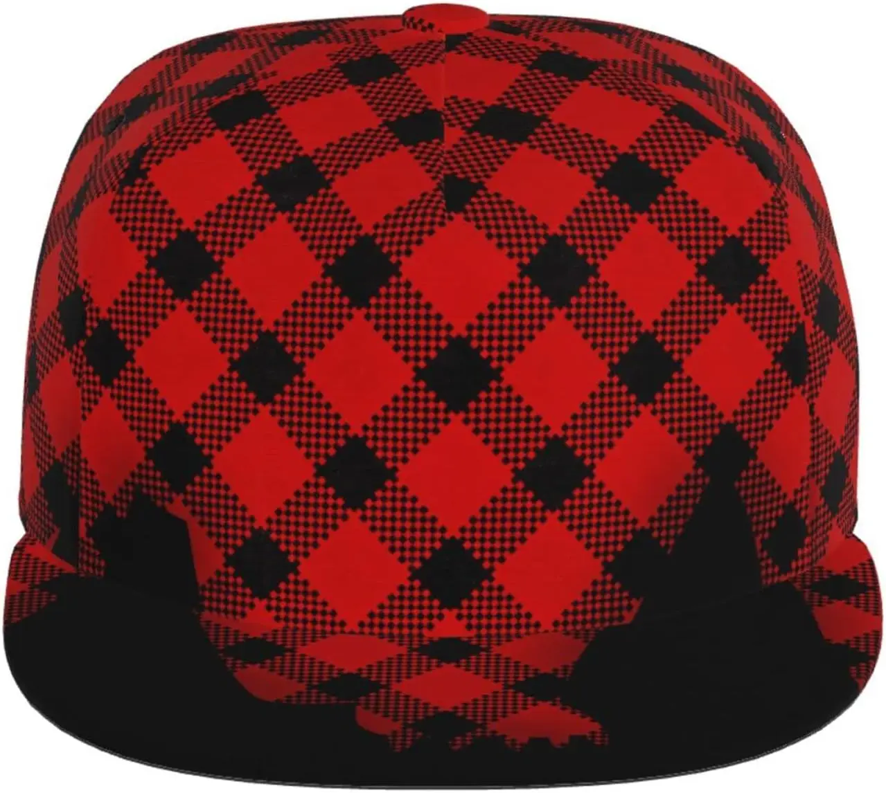 Buffalo Check Plaid Tartan Bear Pattern Flat Bill Hat, Unisex Snapback Baseball Cap Hip Hop Style Flat Visor Blank Adjust