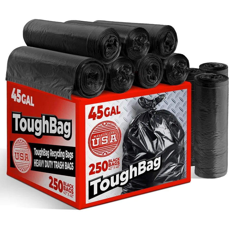 ToughBag 40-45 Gallon Trash Bags Heavy Duty 250 Count | Black Garbage Bags | 39 40 42 45 Gallon | Made In USA