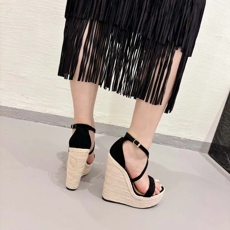 Black Wedges Shoes For Women Belt Cross Buckle Heeled Sandals Summer Platform Shoes Ladies High Heels 14cm Femme Sandales