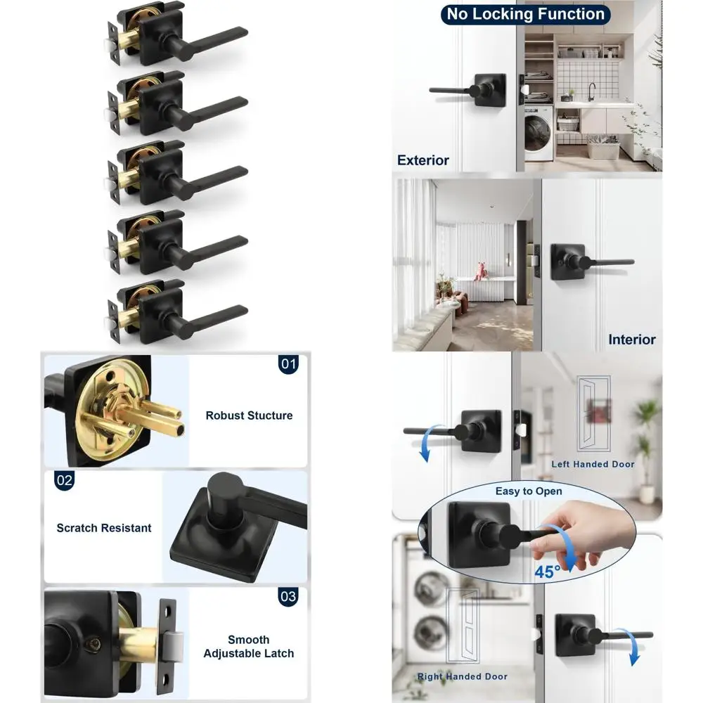 

Heavy Duty Black Interior Door Levers - Keyless, No-Locking Passage Handles for Closets and Hallways