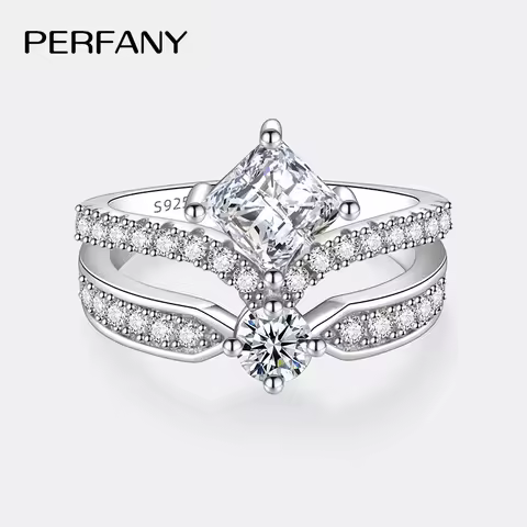 PERFANY 1.3CT Moissanite Ring for Women S925 Pure Silver Crown Double Layer Design Laboratory Diamond Wedding Luxury Jewelry