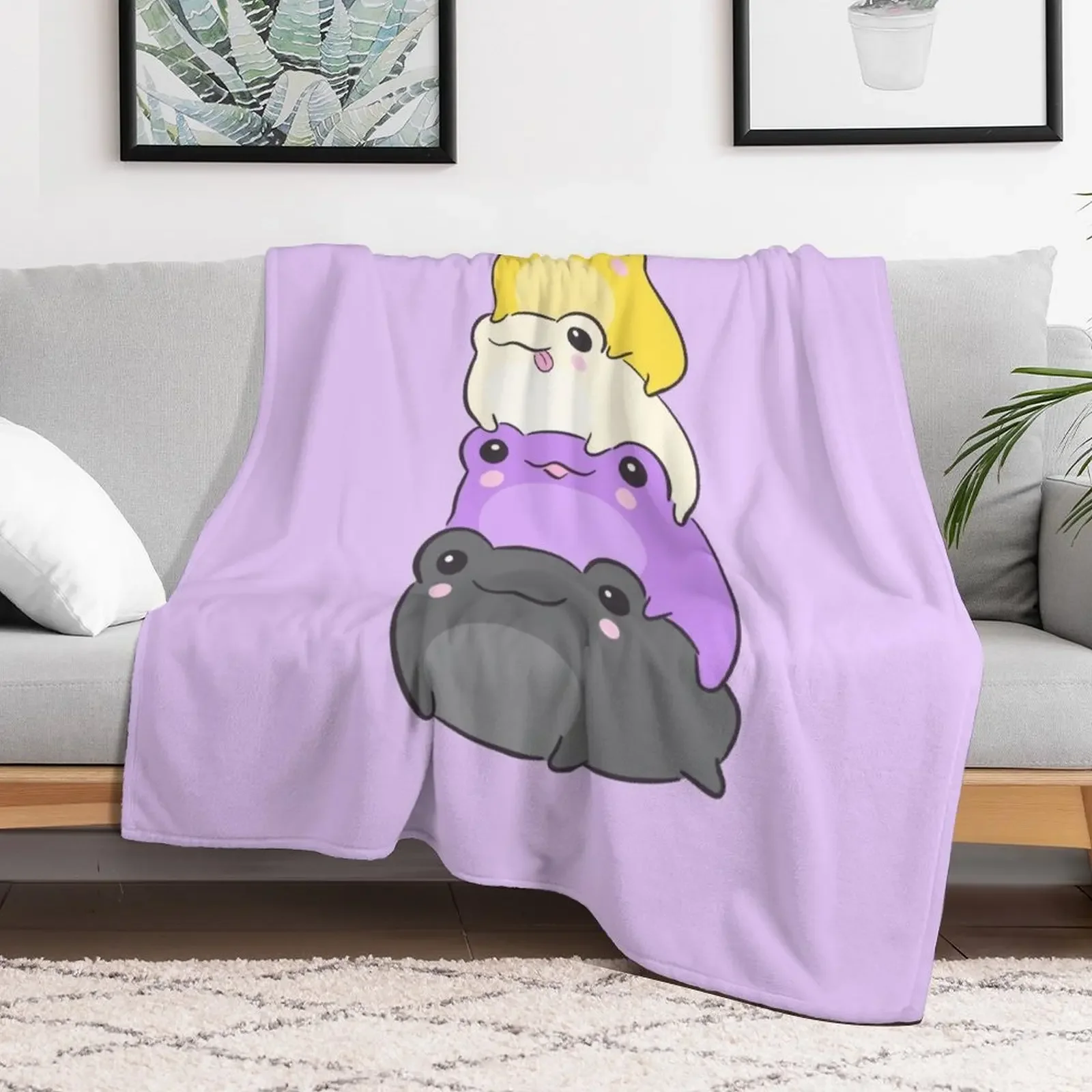 New Nonbinary Pride Frog - Cute Kawaii Aesthetic Frog - Subtle Non-Binary Enby NB Pride Flag Colors Frog Pile Throw Blanket