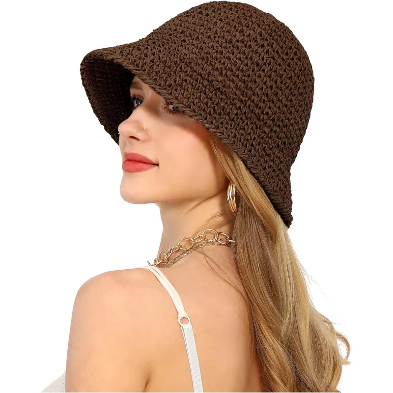 

New Women's Sun Hat Handmade Straw Bucket Anti-UV Wide Brim Foldable Travel Summer Hat for Beach UPF 50