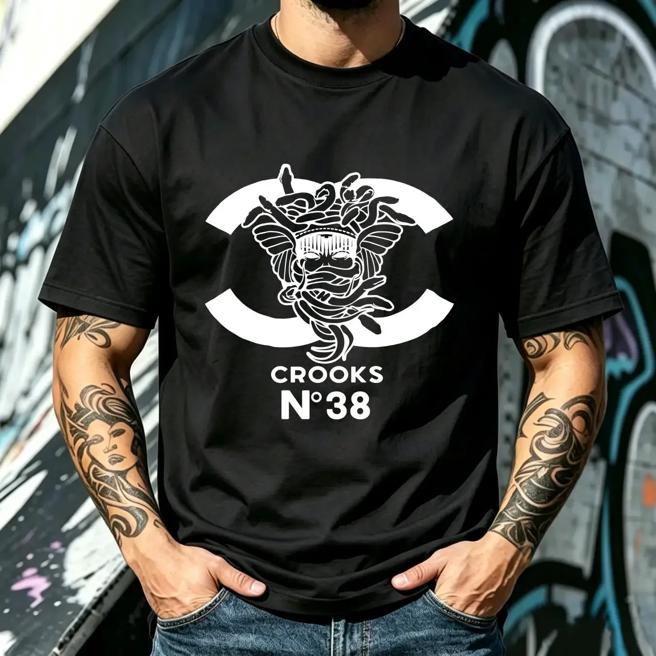 washed T Shirt Crooks Castles Men's Number 38 CC Black vintage Washed Unisex designer clothes Soft Stretched streetwear homme